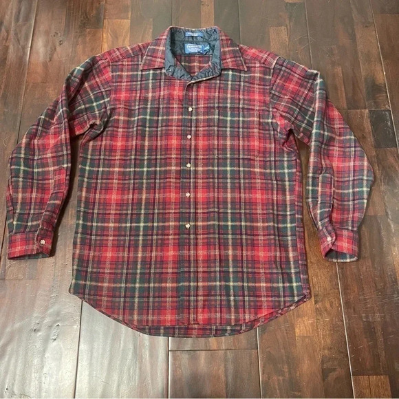 Pendleton 100% Wool Shirt Large LongMade In USA Red Flannel Plaid Button VINTAGE - Picture 1 of 10